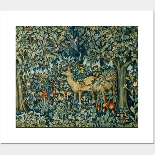 GREENERY,TWO DOES AND BIRDS IN FOREST Blue Green Floral Tapestry Wall Art by BulganLumini